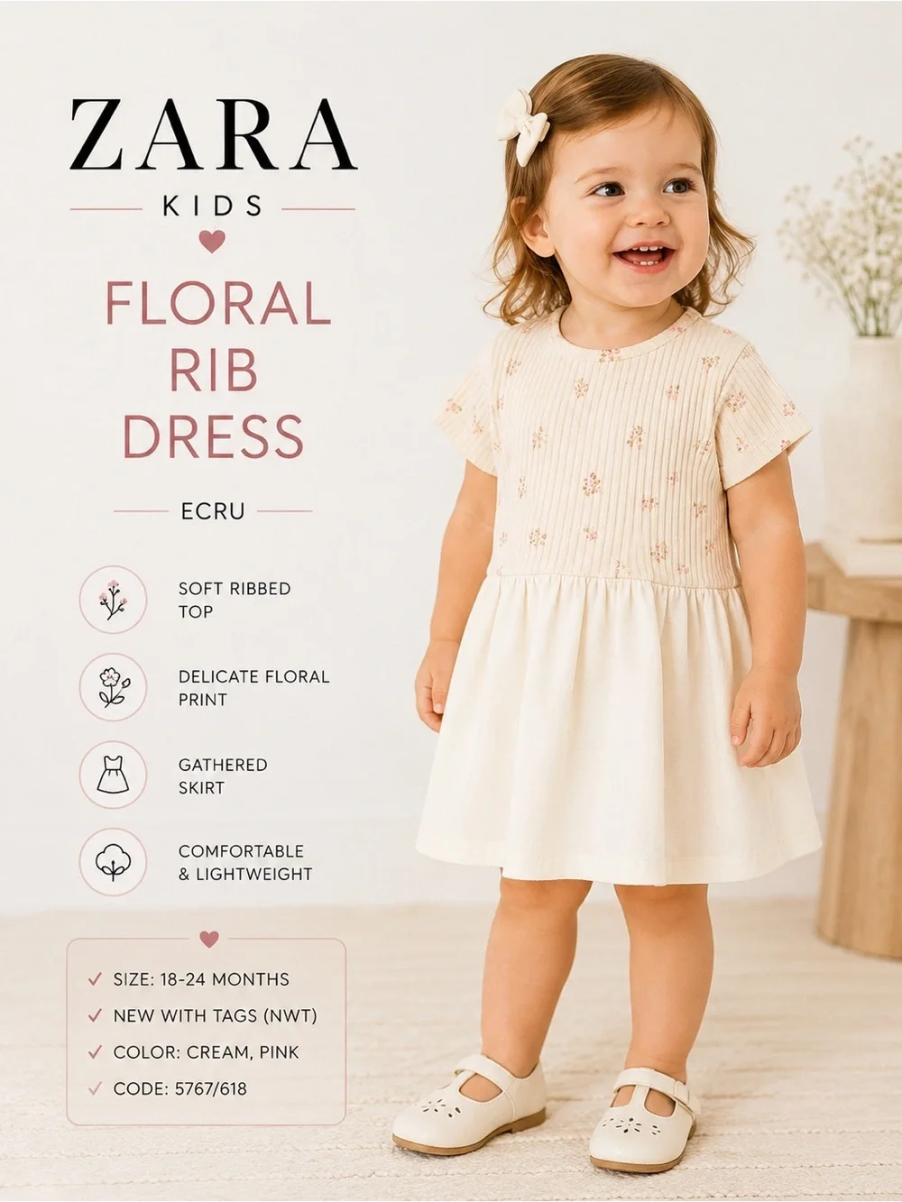 Zara Kids Ecru Floral Ribbed Knit Dress NWT 18-24M